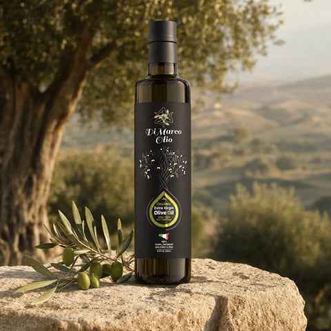 Di Marco Olio bottle on a Sicilian limestone ledge in golden hour
